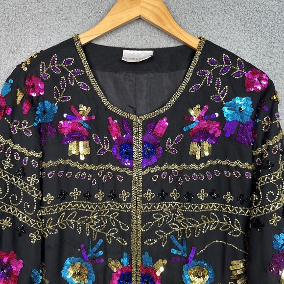 Vintage Draper’s & Damon’s 1X Silk Sequin Beaded Floral Jacket Black Glam - Picture 2 of 16